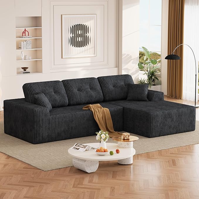 Ball & Cast 106" Boneless Sectional Sofa, Corduroy Modular L Shaped Couch with Deep Seat Chaise, Cloud Style Oversized Sofa for Living Room, No Assembly, Right Facing,Grey