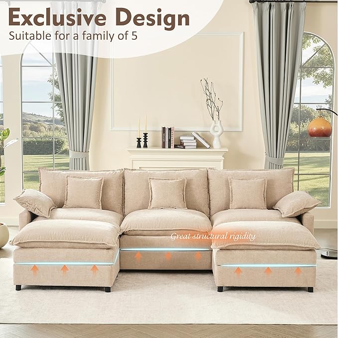 108" U Shaped Couch, Modular Sectional Sofa, 3-Seater Comfy Cloud Couch, Set of Modular Pieces with Movable Ottoman, Deep Seat Couches for Living Room, Chenille, Flat White
