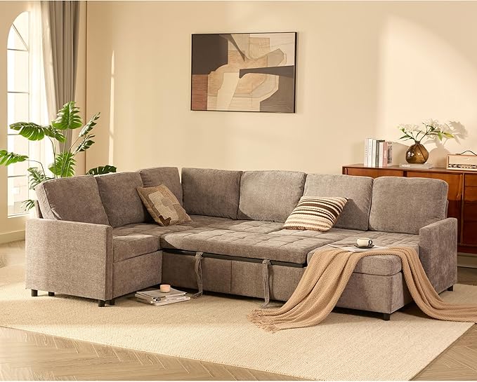 107" Modular Sectional Sleeper Sofa, Set of Modular Pieces with Pull Out Bed, U Shaped Sectional Couch with Storage, Extra Wide&Deep Seat Couches for Living Room, Removable Sofa Cover, Chenille-Slate