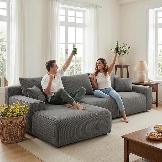 97”Modular Sectional Sofa, Cloud Sectional Couch with Deep Seat, Modern Modular L-Shape Sofa Couch, Upholstered Boneless Couches for Living Room Bedroom (Grey Check, Left Facing Chaise)