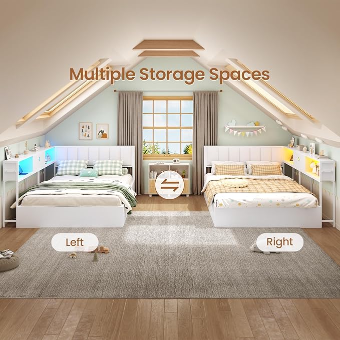 Hasuit Corner Full Lift Up Storage Bed Frame with Charging Station & LED Lights, Full Day Bed with Upholstered Headboard and Bookcase, Corner Beds with Hydraulic for Kids Teens Guests, White
