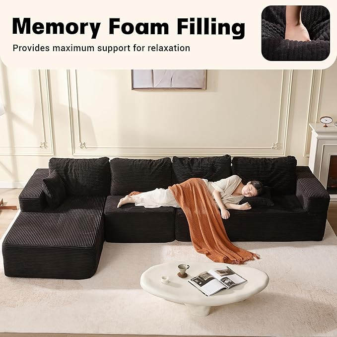 138" Boneless Couch with Deep Seat, Set of Modular Sectional Sofa, Cloud Sectional Couch for Living Room, No Assembly Required, Corduroy, 4 Seater L-Shape Left, Black