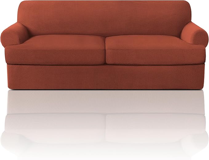 PrinceDeco T Cushion Sofa Slipcover 3 Pieces Sofa Covers for T Cushion Couch Soft Couch Covers Sofa Slip Cover Furniture Covers with 2 Individual T Shape Seat Covers (70"-88") Washable,Rust