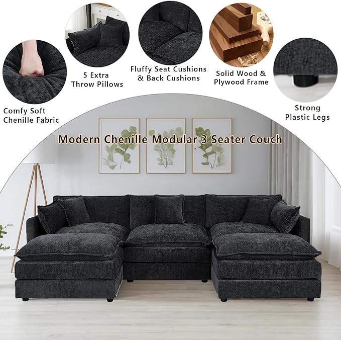 Setawix Deep 3 Seater Couch with Ottomans,112.2" U-Shaped Cloud Couches for Living Room,Chenille Cloud Sofa Couch with Deep Seat,Modular Sectional U Shape 3 Seat Sofa for Bedroom(Black, 3+2)