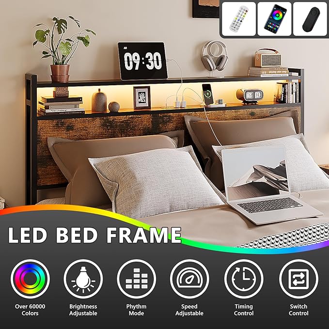 VINGLI Queen Bed Frame with 4 Storage Drawers and Headboard, Metal Platform Panel Bed with Charging Station and RGB LED Lights, No Box Spring Needed, Noise Free, Easy Assembly, Vintage Brown