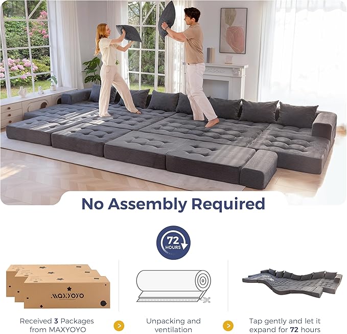 MAXYOYO Modular Sectional Sofa Couch, Foldable Oversized U Shaped Cloud Couch with Pillows, Tufted Boneless Sleeper Lounger Floor Sofa Bed for Living Room, No Assembly Required, Dark Grey