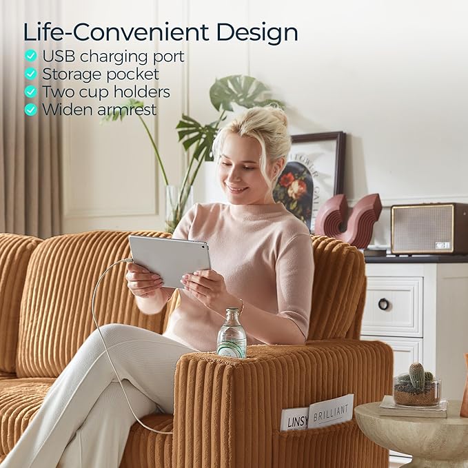 LINSY HOME Sectional Sleeper Sofa with Pull Out Couch Bed - Convertible Plush Corduroy Cloud Couch with Storage Chaise & USB Charging, Comfy Modular Couches for Living Room, Brown