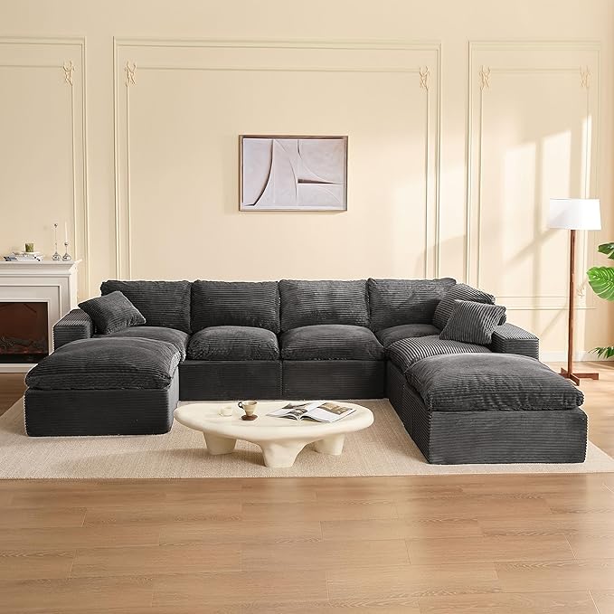 106.3” Sectional Couches for Living Room, Cloud Couch, Modular Sectional Sofa, Convertible Sofas Bed, Deep Seat Sofa, U Shaped Cozy Sofa Furniture Set, Corduroy, Grey