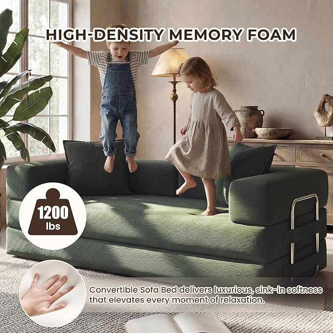 78 Inch Convertible Sofa Bed, 5-in-1 Futon Sofa Bed Pull Out Couch, Boneless Couch Bed for Living Room, Corduroy Boneless Couches for Bedroom, Apartment, No Assembly Sleeper Sofa Bed, Green | 4 Fixed-Shape Frame, Removable Corduroy, High-density foam, ...