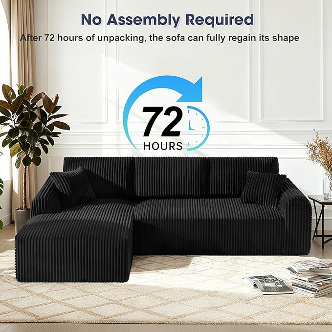109“L-Shaped Sectional Sofa Boneless Couch Upholstery Cloud Modular Couch with Chaise No Assembly Required Corduroy Fabric Combination Deep Seat Living Room Bedroom (Black, Left Hand Facing)