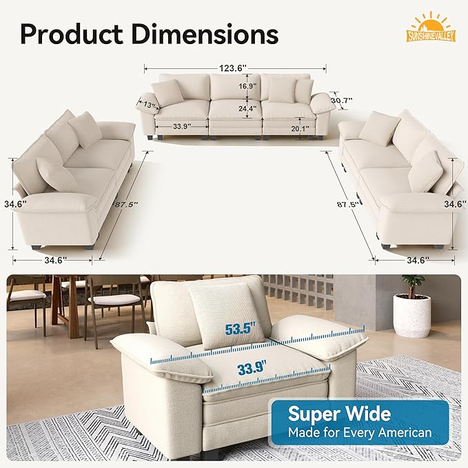3 Piece Living Room Sofa Furniture Set, Chenille Modular 2 Loveseat and 3-Seat Couch with Wider Armrest and Pillow, 7-Seat Modern Sectional Cloud Deep Seat for Apartment, Beige