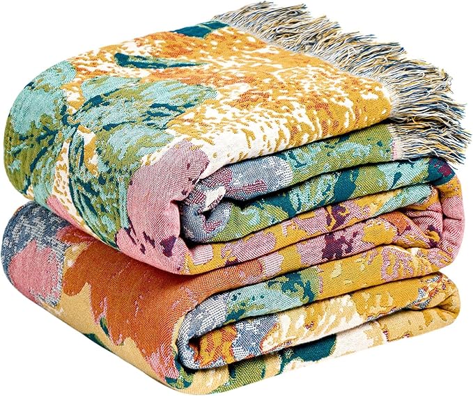 LUTBM Boho Throw Blanket for Bed Cotton Spring Blankets for Bedroom Living Room All Season Lightweight Floral Embroidery Reversible Twin Quilt for Couch Sofa Chair 60"x80" Home Decor