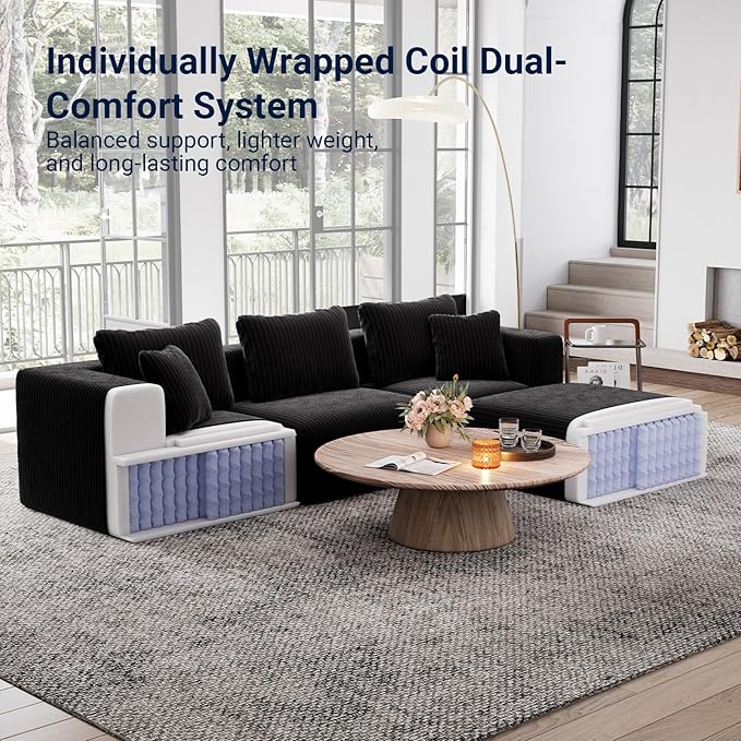 Avenco 106.2” U-Shaped Modular Sectional Sofa with 2 Ottomans, Individually Wrapped Coil Support & Corduroy Fabric, Zero Assembly 5-Piece Set for Mid-Size Living Room, Black