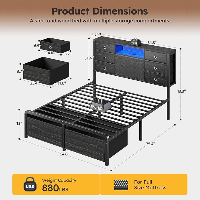 Homkdom Full Size Bed Frame with 8 Fabric Storage Drawers, LED Lights & Charging Station, Metal Platform Bed Frame with Headboard Storage,No-Noise,Easy Assembly,Black