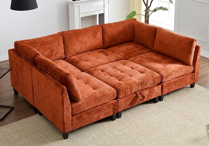 Luxe Oversized Modular Sectional Sofa Set，Modern Chenille Comfy Sectional Cloud Couch for Living Room (5-Seater + 1*Ottoman+ Tea Tray, Orange)