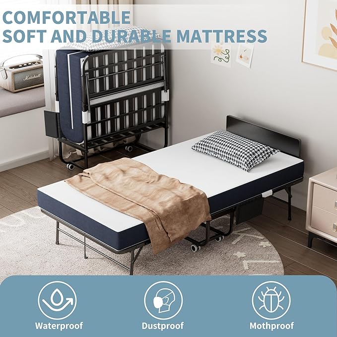 Folding Bed, 74"x31" Portable Beds for Adults, Heavy Duty Sturdy Metal Frame, Foldable Bed on Wheels for Twin Size, Space Saving Rollaway Bed for Guest, Easy Storage(Headboard and Side Storage Pocket)