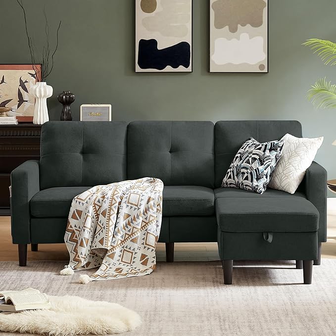 79" Convertible Sectional Sofa, Small L Shaped 3 Seat Couch with Storage Chaise and Side Pocket, Modern Linen Fabric Reversible Sofa Couches for Living Room, Apartment and Small Space
