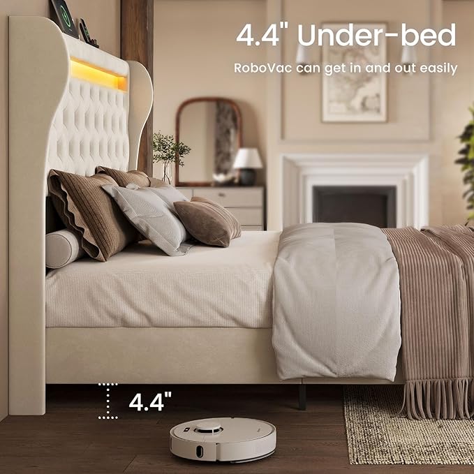 Belffin King Size Bed Frame with Headboard,50" Tall Headboard Upholstered Velvet Platform Bed with LED Lights & 2 USB Port/1 Type C Port, Button Tufted, No Box Spring Needed,Noise Free,Beige