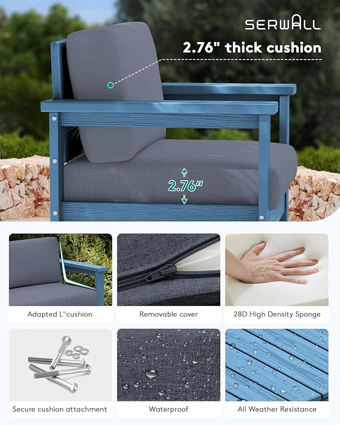 SERWALL 5 Pieces HDPE Outdoor Sofa Set with Cushions, All Weather Couch Conversation Set, Loveseat Social Furniture Chairs with Coffee Table, Blue Frame with Grey Cushions