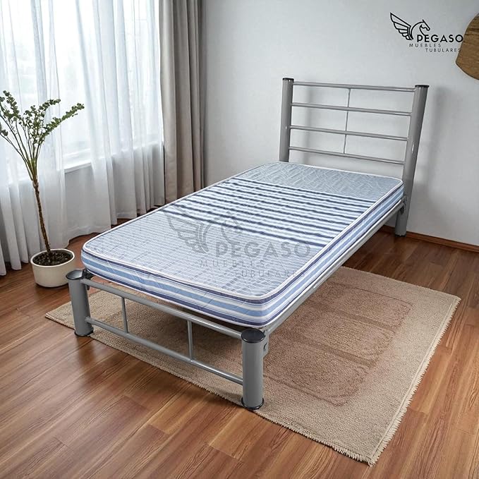PEGASO Single Bed, Metal Frame, 190 x 100 x 100 cm, Grey, Durable