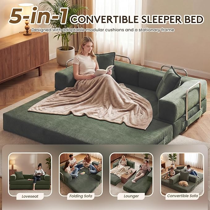 78 Inch Convertible Sofa Bed, 5-in-1 Futon Sofa Bed Pull Out Couch, Boneless Couch Bed for Living Room, Corduroy Boneless Couches for Bedroom, Apartment, No Assembly Sleeper Sofa Bed, Green | 4 Fixed-Shape Frame, Removable Corduroy, High-density foam, ...