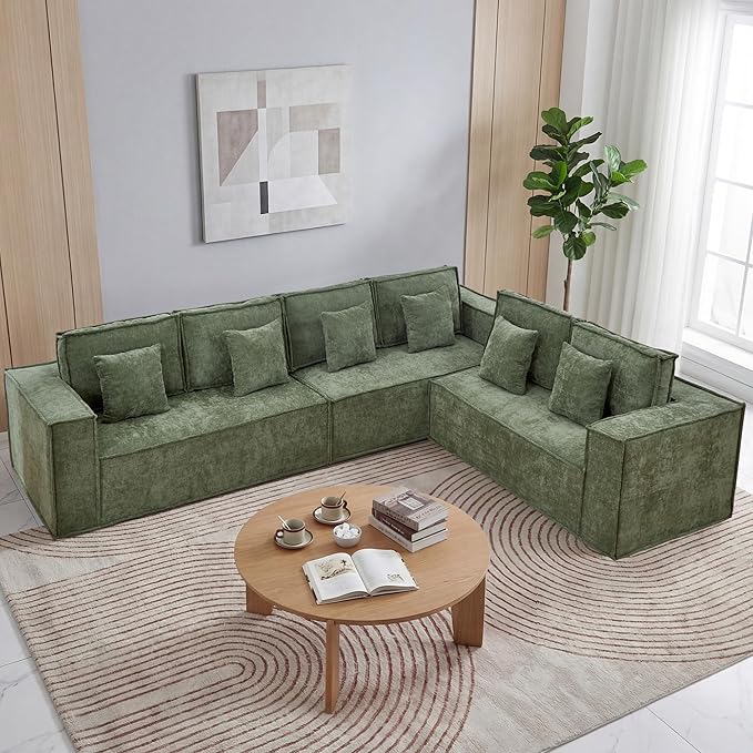 138'' Boneless Chenille L Shaped Couch, Oversized Modular Sectional 6 Seater Sofa, Modern Deep Seat Corner Cloud Compressed Couch, No Assembly Sleeper Sofa with Chaise for Living Room, Green
