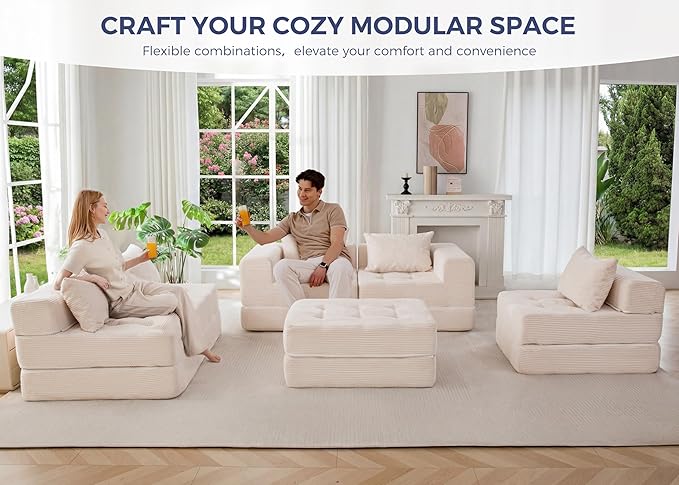 MAXYOYO Modular Sectional Sofa Couch, Foldable U Shaped Cloud Couch with Pillows, Tufted 6-Seat Boneless Sleeper Lounger Floor Sofa Bed for Living Room, No Assembly Required, Beige