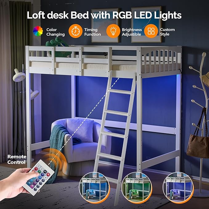 VINGLI Full Loft Bed with USB Charging Station/LED, Solid Wood Double Loft Bunk Bed with Flat Rungs for Kids/Teens/Adults, 15 inches High Guardrail,Wood Slat Support No Box Spring Needed, White