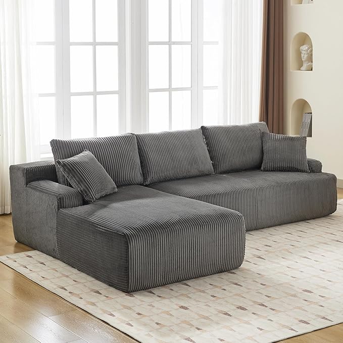 Sectional Cloud Boneless Couch 106" Modern Comfy L-Shape Corner No Assembly Required Convertible Compression Sleeper Modular Sofa with Corduroy Fabric Deep Seat Loveseat + Chaise for Living Room