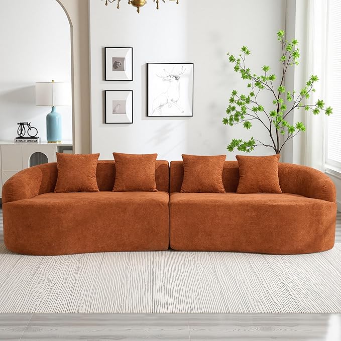 110" Boneless 4 Seater Sofa Couch, Modern Oversized Curved Cloud Sofa, Chenille 4-Seater Deep Seat Sectional Couches for Living Room, No Assembly, Orange