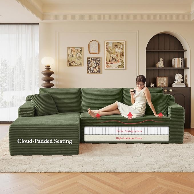 95" Sectional Couches for Living Room Cloud Couch Sofa with L-Shape Upholstered Boneless Couchs Modern Modular Sectional Couch with Chaise (Green, 95" W+Left Facing Chaise+2Seaters)