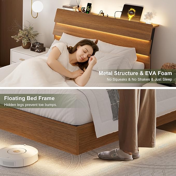 Feonase Floating Bed Frame Full with Led Lights and Charging Station, Wood Full Size Bed Frame with Storage Headboard, Heavy Duty Metal Slats, No Box Spring Needed, Easy Assembly,Walnut
