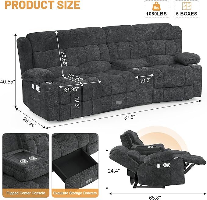 Recliner Sofa Set with Storage Console, Flip Middle Backrest Design 3 Seater Reclining Sofa and 2PC Single Recliner Chair, Manual Couches for Living Room (Gray, 3 Seat+Console+1+1)