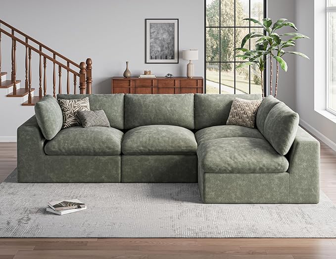 120" Cloud Sectional Couch | Oversize Boneless Couches for Living Room | 4 Seater Modern L-Shape Sofa | Green