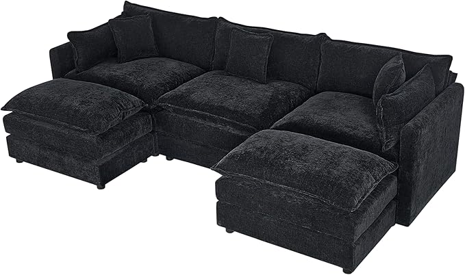 Setawix Deep 3 Seater Couch with Ottomans,112.2" U-Shaped Cloud Couches for Living Room,Chenille Cloud Sofa Couch with Deep Seat,Modular Sectional U Shape 3 Seat Sofa for Bedroom(Black, 3+2)