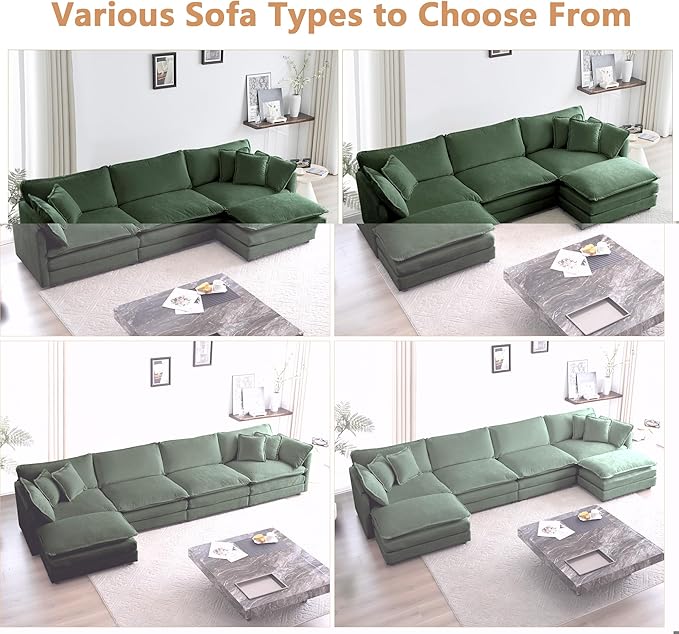 mikibama Modular Sectional Sofa, 146.5 Inch U Shaped Couch Set for Living Room, 4-Seater Comfy Cloud Couches with Two Movable Ottoman, DIY Combination, Chenille, Evergreen