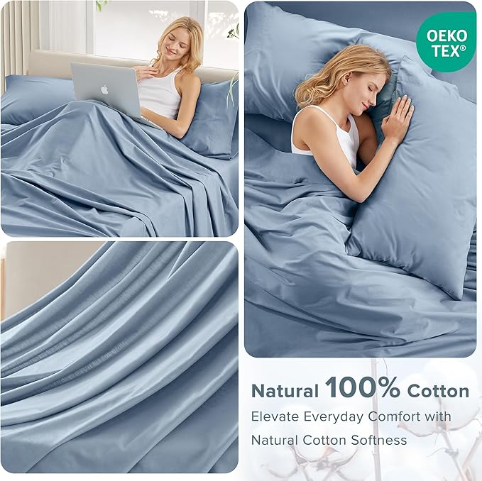 Comfort Spaces 100% Cotton Sheet Set Breathable, Lightweight, Soft with 14" Elastic Pocket Fits up to 16" Mattress, All Season Cozy Bedding, Matching Pillow Case, Queen Blue 4 Piece
