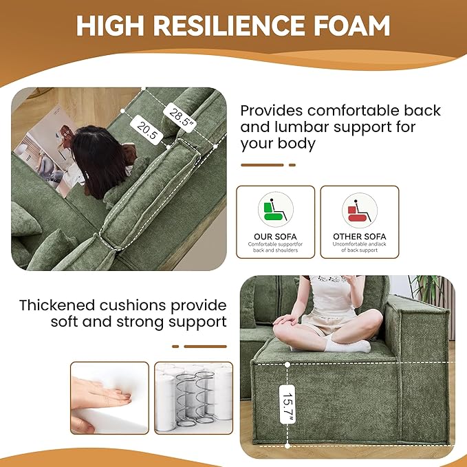 167'' Boneless Chenille U Shaped Couch, Oversized Modular Sectional 8 Seater Sofa, Modern Deep Seat Corner Cloud Compressed Couch, No Assembly Sleeper Sofa with Chaise for Living Room, Green