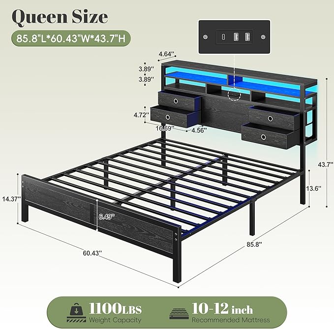 Homkdom Queen Bed Frame with 2-Tier Storage Headboard and 4 Drawers,Queen Size Bed Frame with LED Lights & Charging Station,Metal Queen Frame 1100LB-Heavy Duty for Apartment,Guest Room,Modern Black
