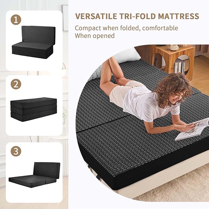 CYMULA Folding Mattress Full Size, 6 inch Memory Foam Tri Portable Murphy Bed and Futon, Full Topper with Breathable & Washable Cover, Foldable Floor Mattress for RV，Guest Beds，Black (52"×73"×6")