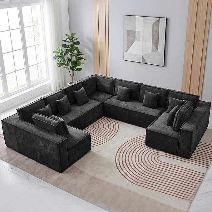 138'' Boneless Chenille U Shaped Couch, Oversized Modular Sectional 9 Seater Sofa, Modern Deep Seat Corner Cloud Compressed Couch, No Assembly Sleeper Sofa with Chaise for Living Room, Black