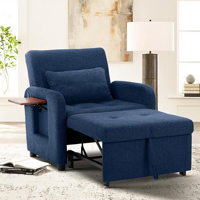 Convertible Sleeper Chair-Fabric Futon Sofa Bed, Single Sleeper Sofa, Small Couch Bed with USB Port, Foldable Table, Pillow, Adjustable Backrest for Dorm/Bedroom/College DarkBlue