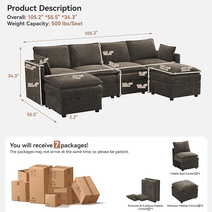 105" Cloud Modular 4 Seater Sofa with 2 Storage Ottoman, Modern Upholstered Sofa Storage Sofa Couch Deep Seat, U Shape Sectional Sofa Chenille Comfy Couch with Armrests for Living Room, Brown | Modular Sofa, 2 Storage Ottoman, Upholstered Sofa, Section...