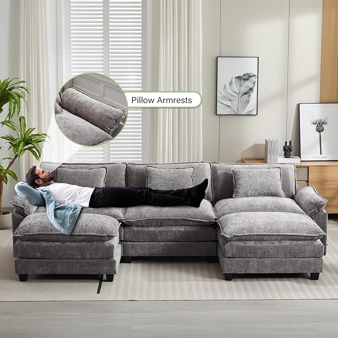 120" Modular Sectional Sofa, Comfy Cloud Couch Sectional Sofa with Ottoman, Chenille Sofa Sleeper Deep Seat Sofa with Throw Pillows for Living Room (Light Gray, 120"- U Shape)