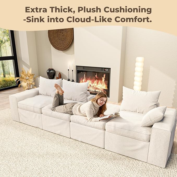 108 Inch Cloud Sectional Couch, Modular Sectional Sofa with Deep Seat, Convertible L-Shape Couch with Ottoman, 3 Seater Cloud Couches for Living Room, No Assembly Required (Warm White)