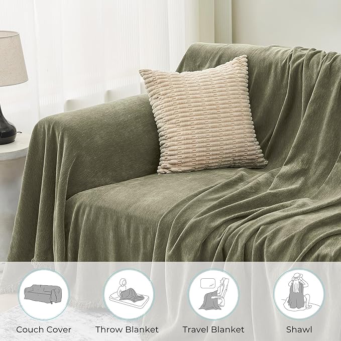 Sectional Couch Covers, 2 Pieces Chenille Sofa Cover L Shaped Couch Cover Blanket for Dogs Washable Sofa Slipcovers Pet Furniture Protector (XX-Large: 71" x 118" + 71" x 118", Sage Green)