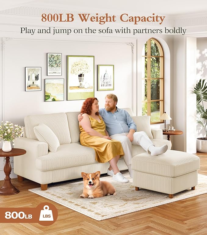 Kidirect 87in U Shaped Couch, Modular Sofa No Tool Assembly, Comfy Sectional Couches for Living Room 21in Deeper Seats, Corduroy Sofas for Living Room with 2 Pillows, Loveseat Sofa Set, Beige Couch | Comfy Corduroy, Oversized 87in Couch, 850LB Tough, T...