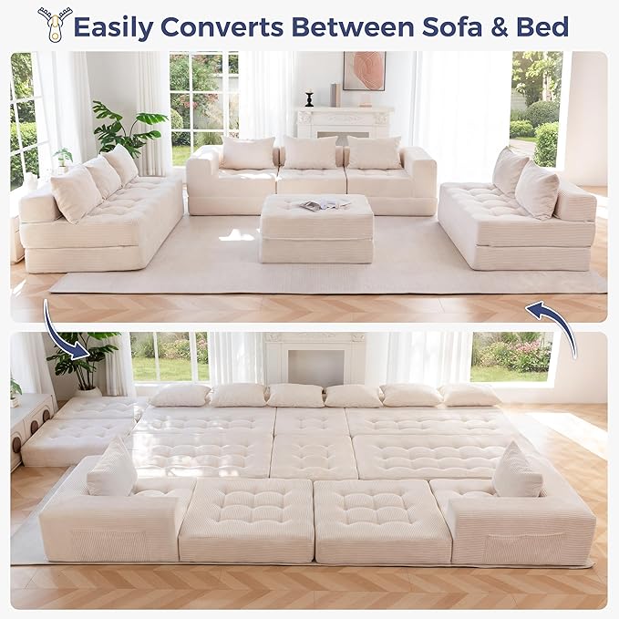 MAXYOYO Modular Sectional Sofa Couch, Foldable Oversized U Shaped Cloud Couch with Pillows, Tufted Boneless Sleeper Lounger Floor Sofa Bed for Living Room, No Assembly Required, Beige