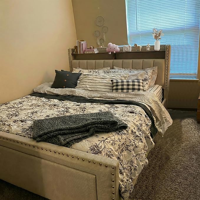 EnHomee Twin Bed Frames, Upholstered Twin Bed with Storage Drawer and 2-Tier Headboard, Vertical Tufted Headboard Design, Extra Storage Space for Bedroom Apartment, Beige