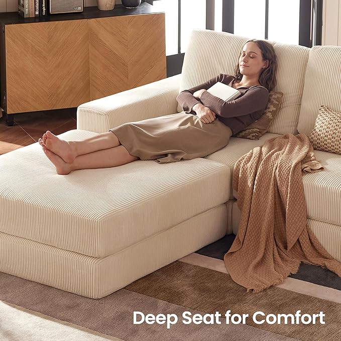 Modular Sectional Boneless Sofa, 160.63" Oversized Modern Cloud Couch Sectional Sofa with U-Shaped Chaise Comfy Corduroy Fluffy Couch with Deep Seat Couches for Living Room Bedroom, White